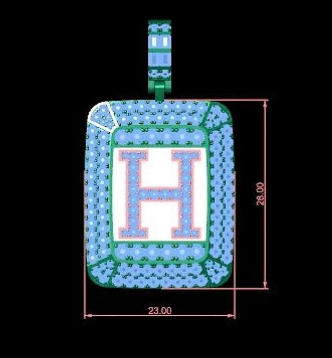 Bản dựng 3D mặt dây chữ cái đính đá&nbsp;quý, có kích thước 23 × 28 mm