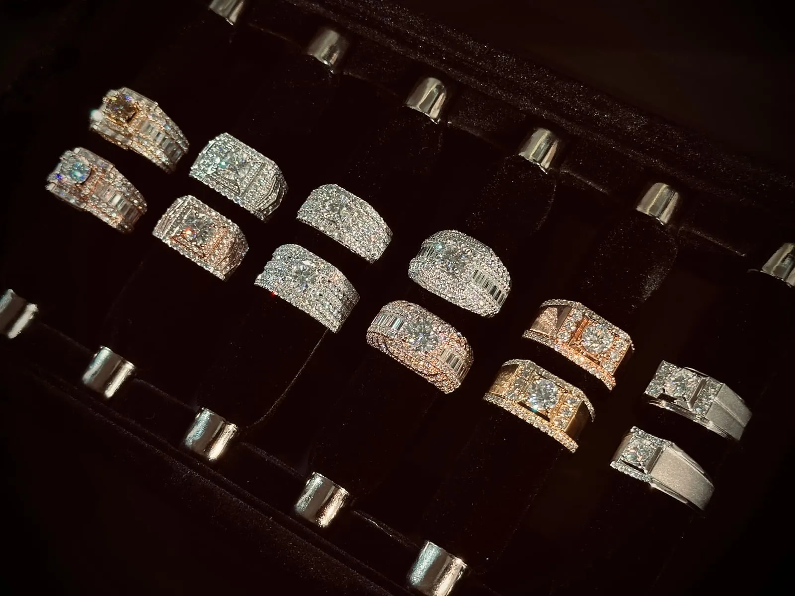 A tray of men’s rings at the showroom