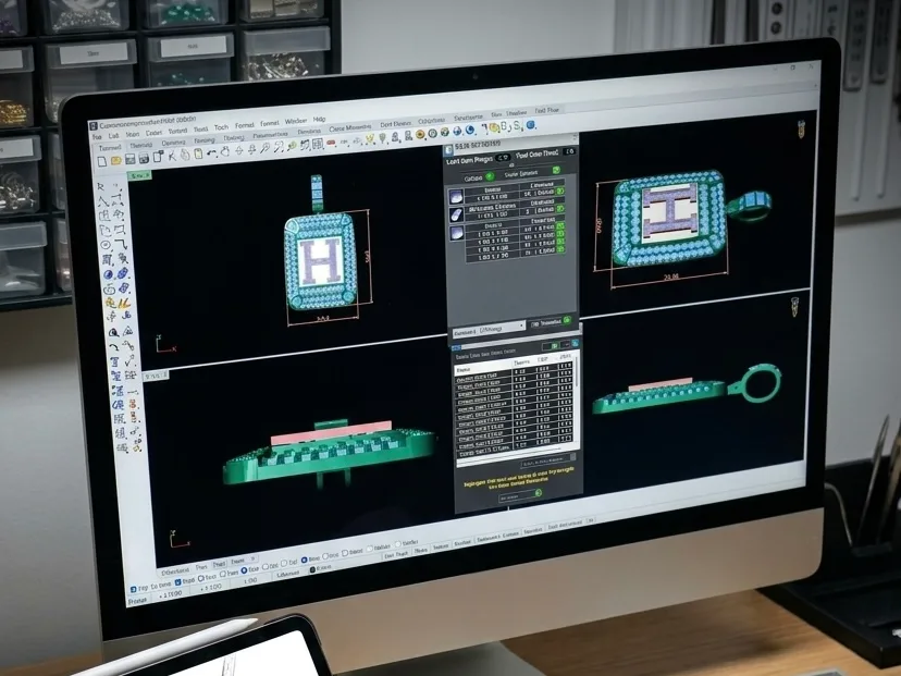 Design desk with a 3D model of an initial pendant on screen